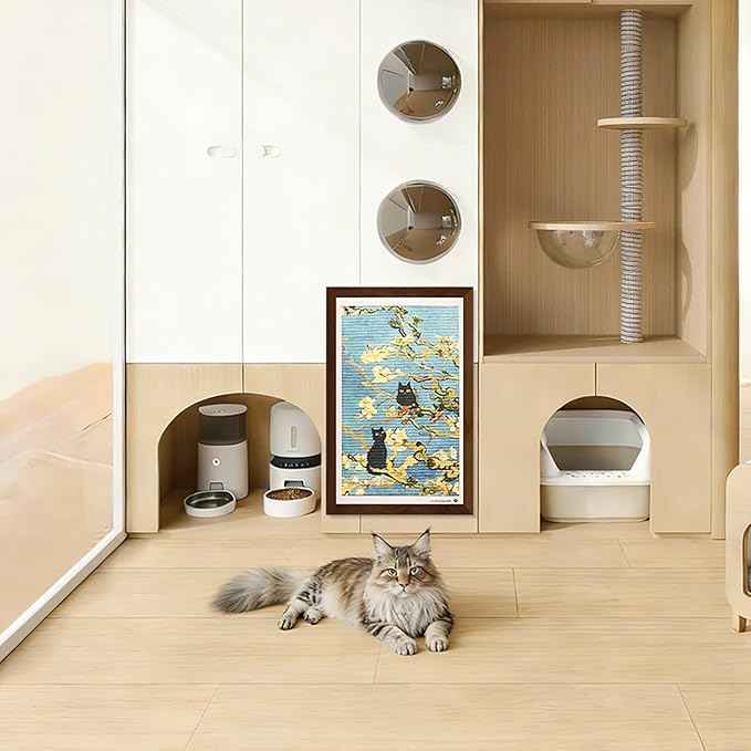 Wall Art Cat Scratcher Sisal Mat, No-Drill Wall Mounted Cat Scratch Pad with Frame, 13.8 x 21.7 Inch Cat Wall Scratchers for Indoor Cats（Almond Blossom）