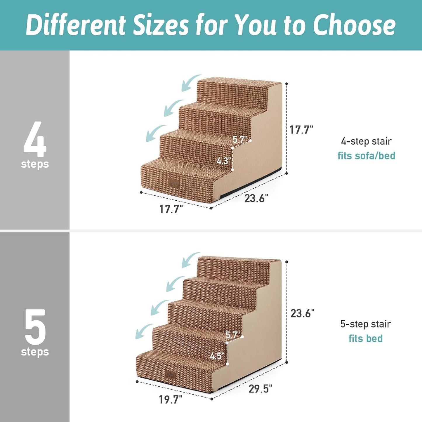 Dog Stairs for Small Dogs, 5 Tier Wider Pet Stairs for High Beds, 23.6" H Non-Slip Dog Steps for Old Cats, Puppies, Small Medium Dogs, 29.5x19.7x23.6 inch, Light Brown - Pet Explorer