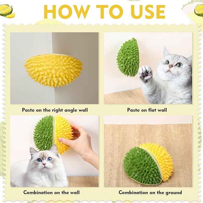 Hiboom 2 Pcs Cat Wall Corner Scratcher Durian Shaped Self Groomer Face Scratcher Massage Comb Grooming Brush Tool for Indoor Long & Short Fur Kitten Dogs, Green and Yellow