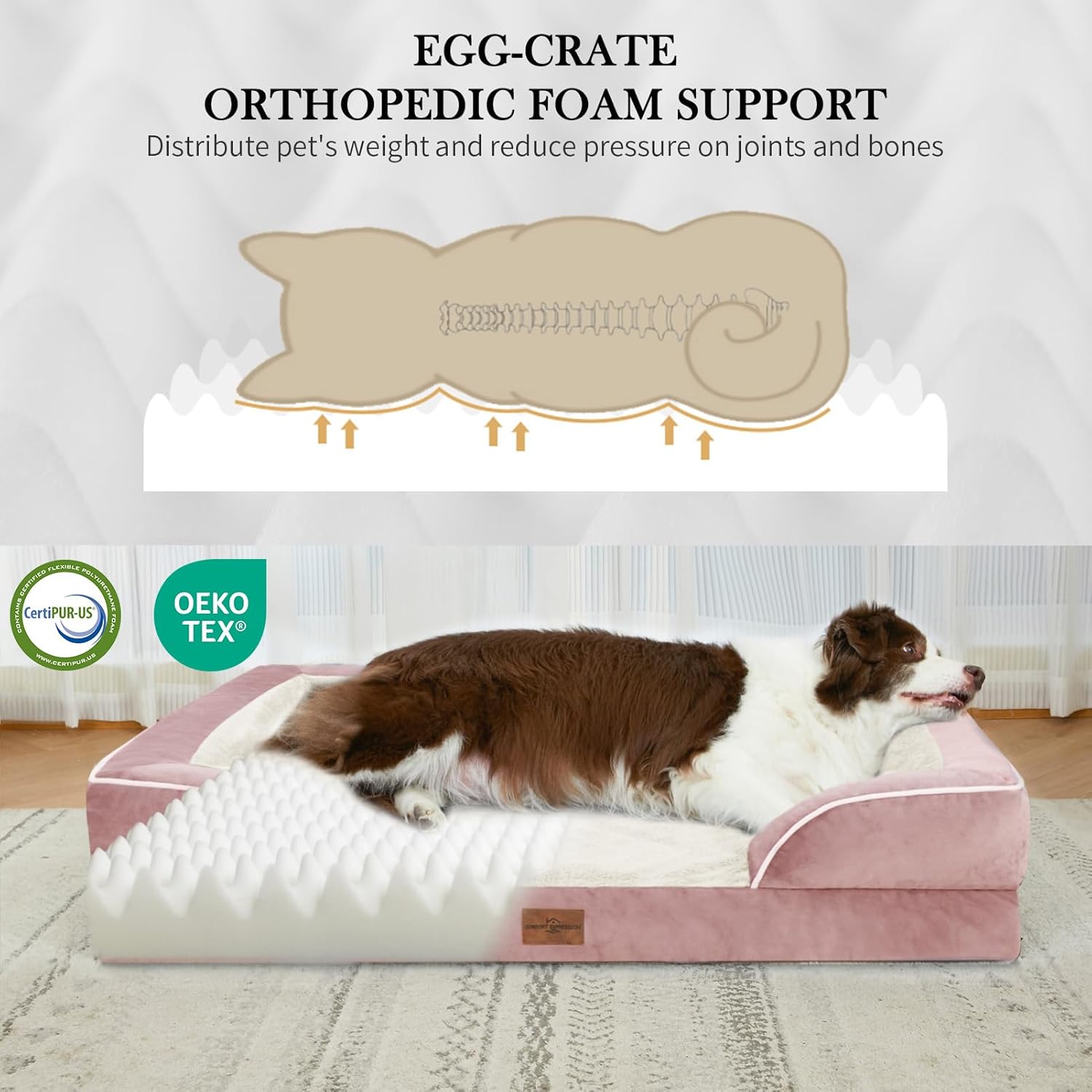 Comfort Expression Large Dog Beds Waterproof Orthopedic Foam Dog Beds for Large Dogs Sofa Comfy Pet Bed with Non-Slip Bottom & Washable Removable Cover(Pink) - Pet Explorer