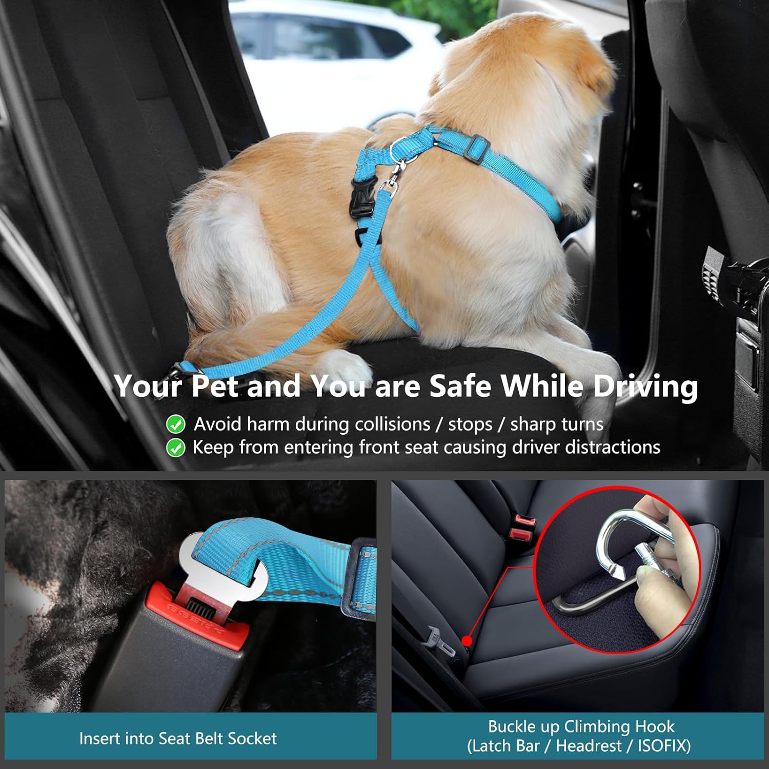 Dog Seat Belt Harness for Car, Dog Car Harness Adjustable Mesh Breathable & Dogs Seatbelt Safety Tether with Elastic Bungee for Small Medium Large Pets(Blue, S) - Pet Explorer