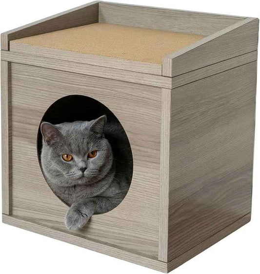 Meowdium Cat House – Cat Condo with Cardboard Scratcher, Scratching Post, Bed & Toy Storage, Cozy Cat Furniture & Accessories for Indoor Cats, Greywood