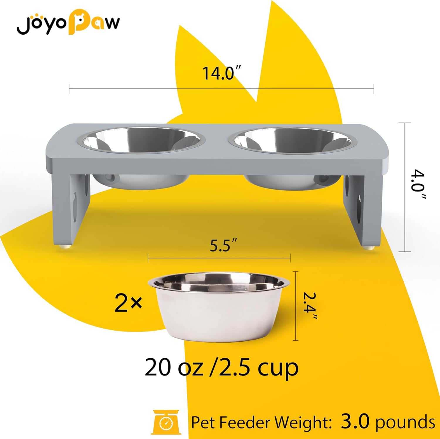 Elevated Dog Bowls, Bamboo Raised Dog Bowl for Small Dogs & Cats, with 2 Stainless Steel Bowls (4'' Tall-20oz Bowl, Grey) - Pet Explorer