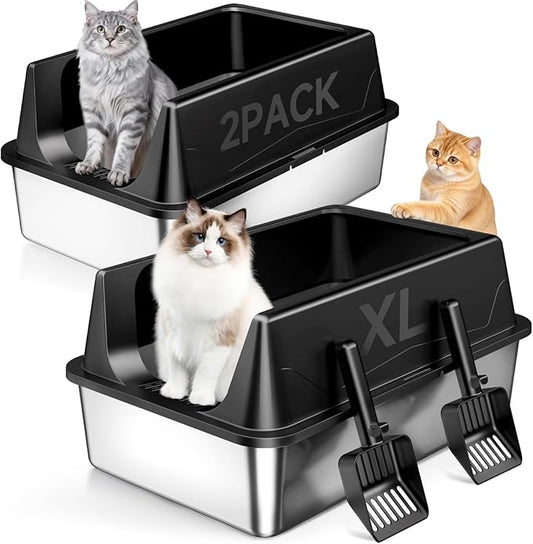 2 Pack XL Stainless Steel Litter Box with High Sides Shield for Multi Cat, Extra Large Tall Wall Open Top Deep Metal Pan for Big Cats, Anti-Leak Non-Stick Odor Control, 2 Scoops Included, Black