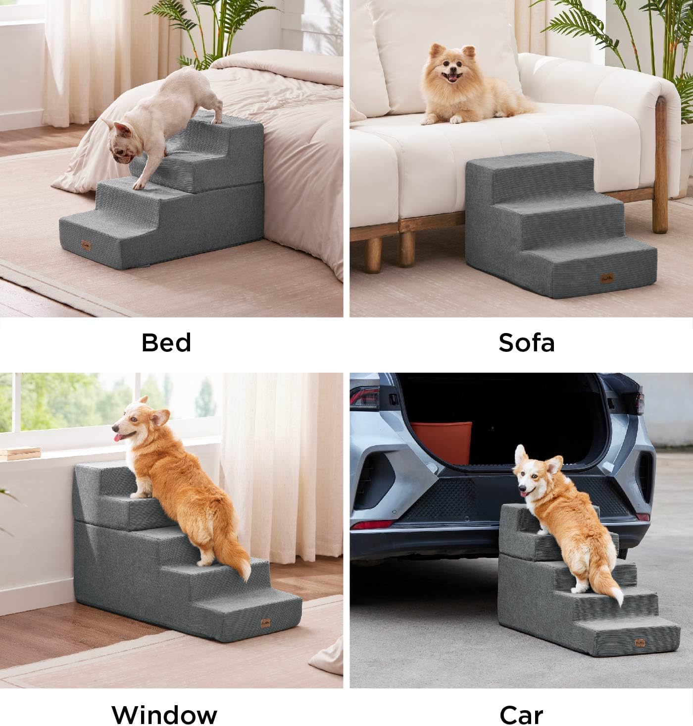 Made4Pets Dog Steps for Bed, Extra Wide Dog Stairs for High Bed Couch Sofa, 35D Foam Pet Steps for Small Dogs and Cats, Non-Slip Bottom Pet Stairs, Grey, 4 Steps - Pet Explorer
