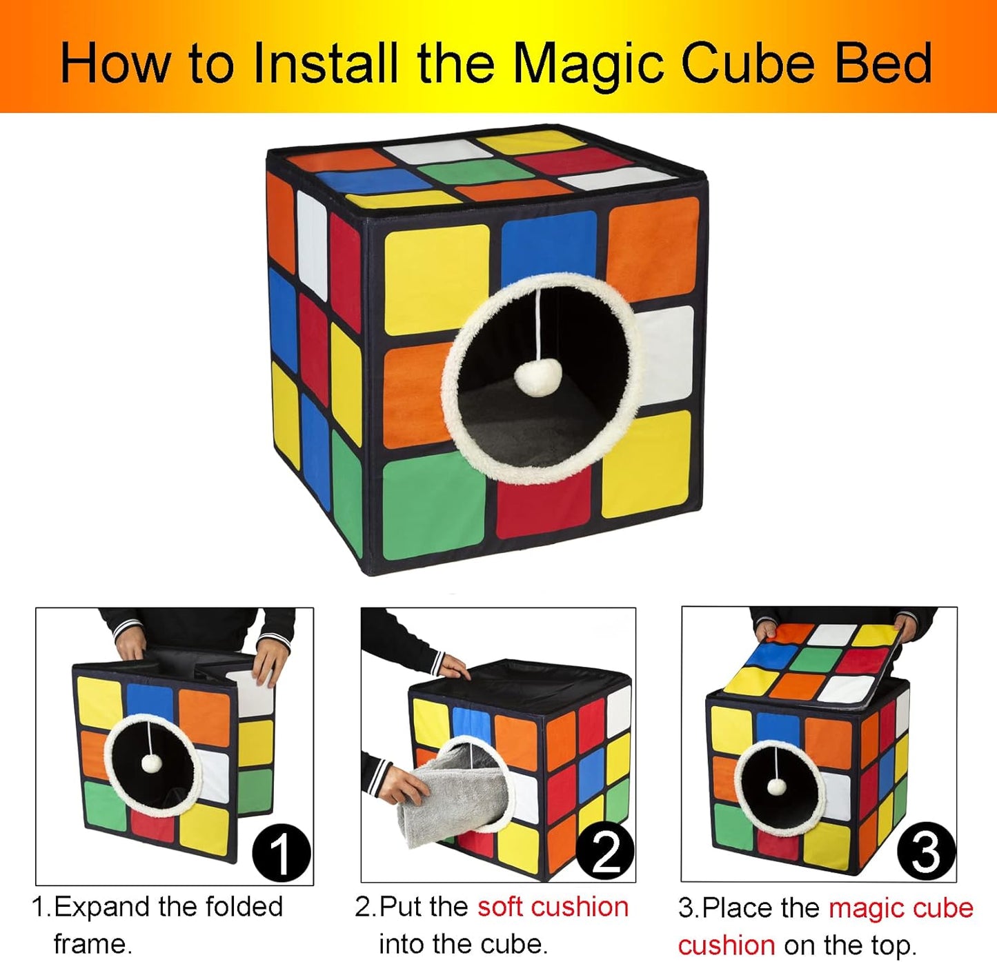 LUCKITTY Cat Condo House with Reversible Cushions and Fluffy Ball Hanging, Foldable Magic Cube, Large Cave Bed for Indoor Cats, Unique Puzzle Shape 15.7“ x 15.7" x 13.4” - Pet Explorer