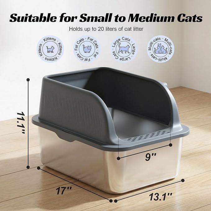 Stainless Steel Cat Litter Box with High Sided Lid, Metal Kitty Litter Box with Scoop for Small & Medium Cats, Anti-Urine Leakage, Easy to Clean,Non-Sticky,Grey