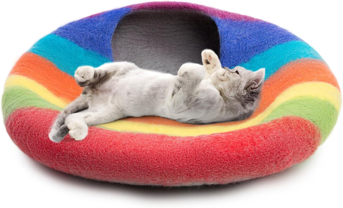 Woolygon Premium Felt Cat Cave Bed – Wool Kitty Beds Handcrafted Kitten Caves Bed for Indoor Cats - Made from 100% Eco-Friendly Merino Wool, Foldable Cat Hidewawy Covered Cat House Pod (Rainbow Twist) - Pet Explorer