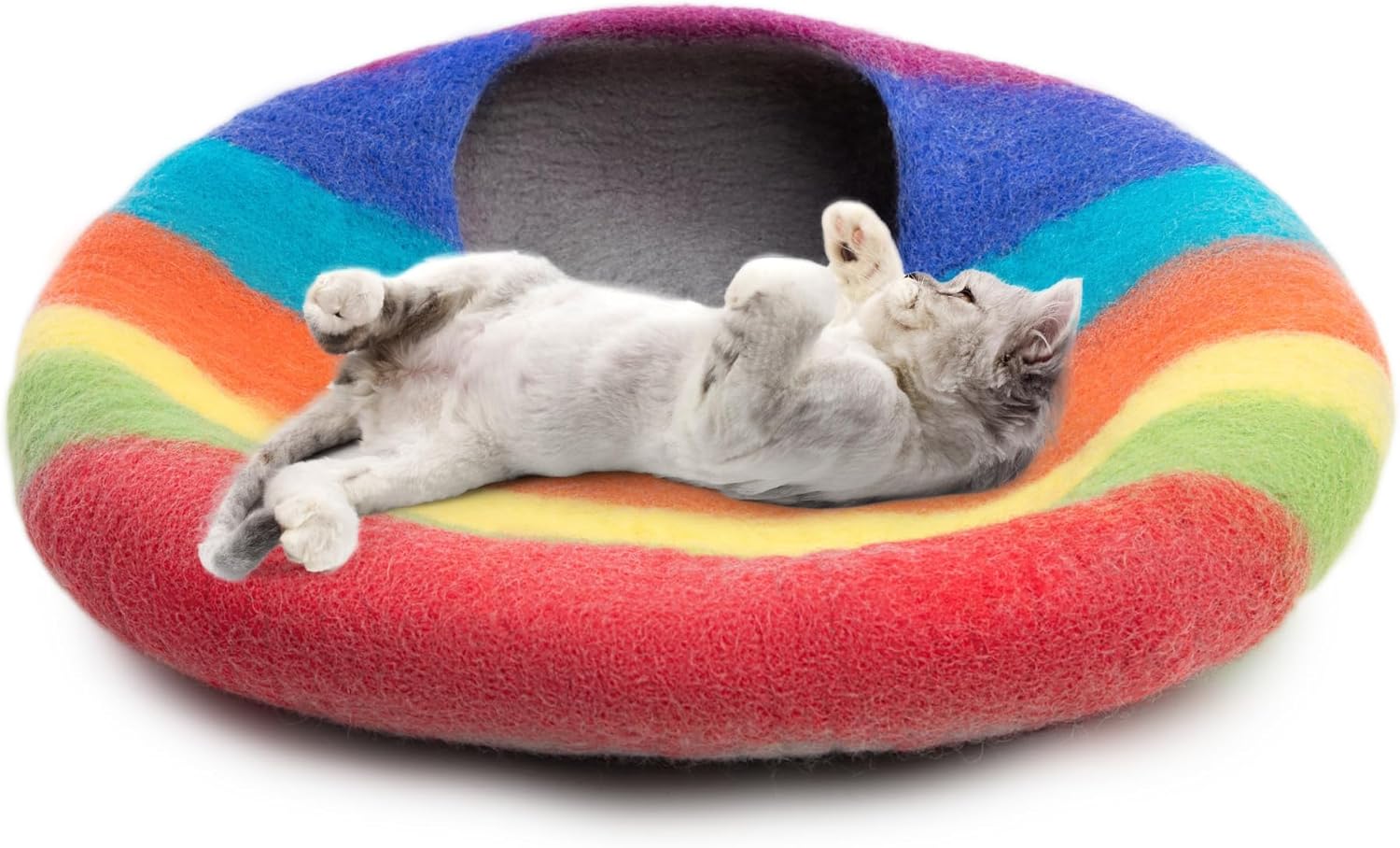 Woolygon Premium Felt Cat Cave Bed – Wool Kitty Beds Handcrafted Kitten Caves Bed for Indoor Cats - Made from 100% Eco-Friendly Merino Wool, Foldable Cat Hidewawy Covered Cat House Pod (Rainbow Twist) - Pet Explorer