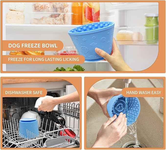 Dog Lick Bowl with Brush and Scraper, Anxiety Relief Silicone Slow Feeder Treat Dispenser, Anti-chocking Pet Dish, Non-Slip Interactive Entertainment Dog Puzzle Toy for Medium & Large-Light Blue