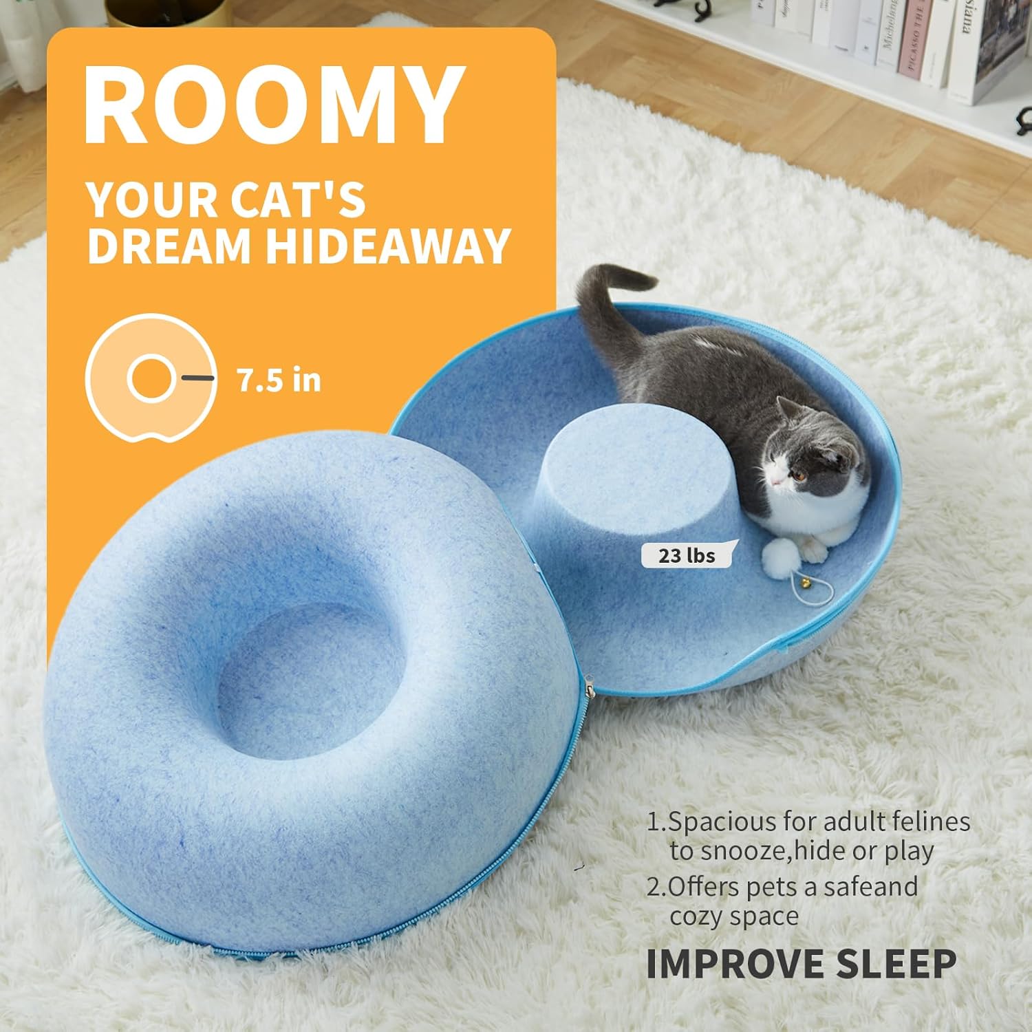 Jia Xi Cat Tunnel Bed and Hideout, Large Indoor Cat Condo with Cave (24 inch, Blue) - Pet Explorer