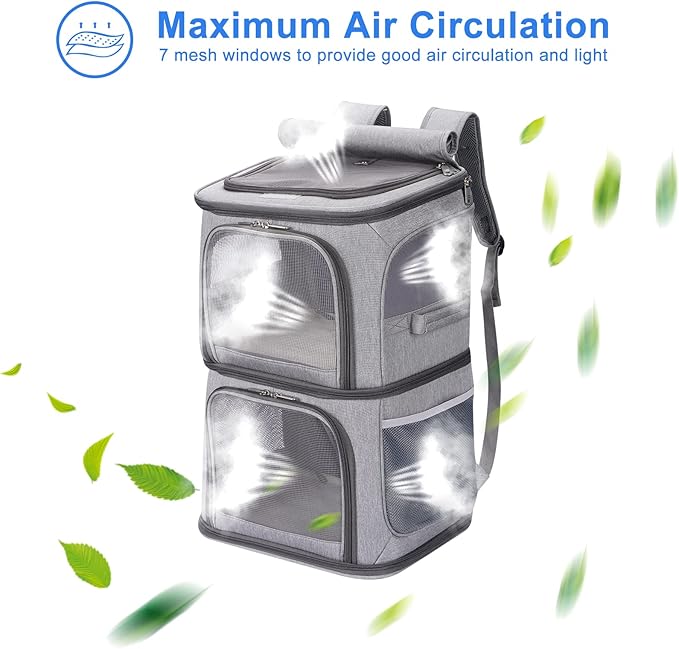 2-in-1 Double Pet Carrier Backpack for Small Cats and Dogs, Portable Pet Travel Carrier, Super Ventilated Design, Ideal for Traveling/Hiking/Camping, Large Size