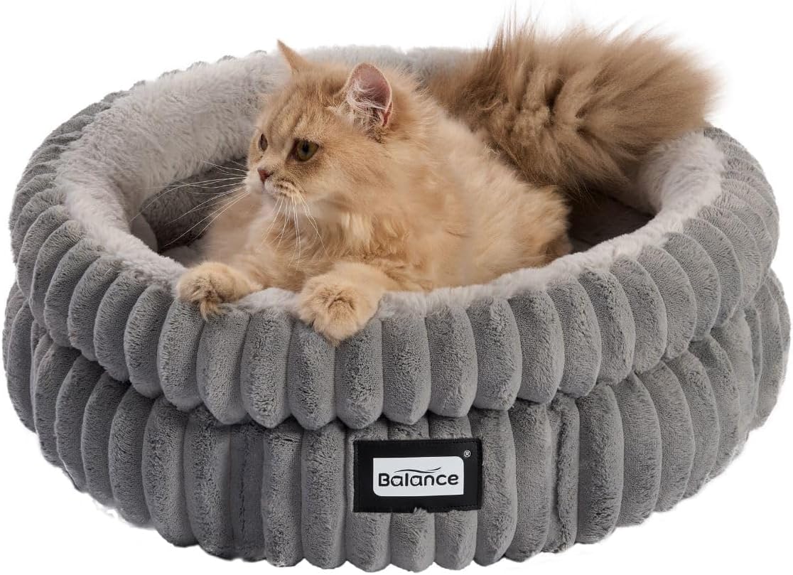 BALANCE Cat Bed Kitten Bed, Washable Round Cat Beds for Indoor Cats, Super Soft Plush Faux Fur Pet Bed for Puppy and Kitten with Anti-Slip Bottom - Pet Explorer