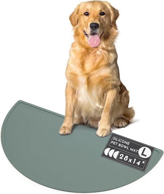 Waterproof Silicone Pet Food Mat - Non-Slip, Spill-Proof Feeding Mats for Floors, Raised Edge Design, Easy-to-Clean, Rubber Mat for Dog & Cat Bowls, 28" Across x 14" Deep, Large-Spruce - Pet Explorer