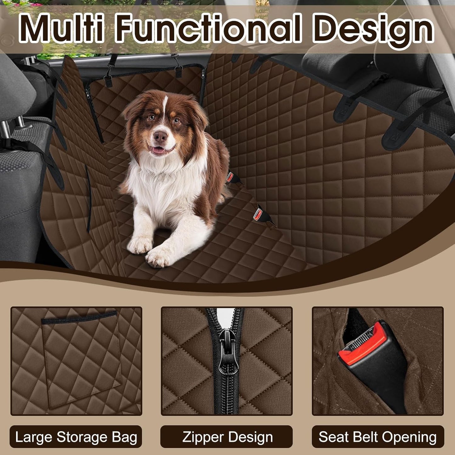 Waterproof Dog Car Seat Cover for Back Seat - Durable, Scratch Proof Pet Hammock with Nonslip Design & Storage Pockets, Fits Cars, SUVs, Trucks - L, Coffee/Black - Pet Explorer