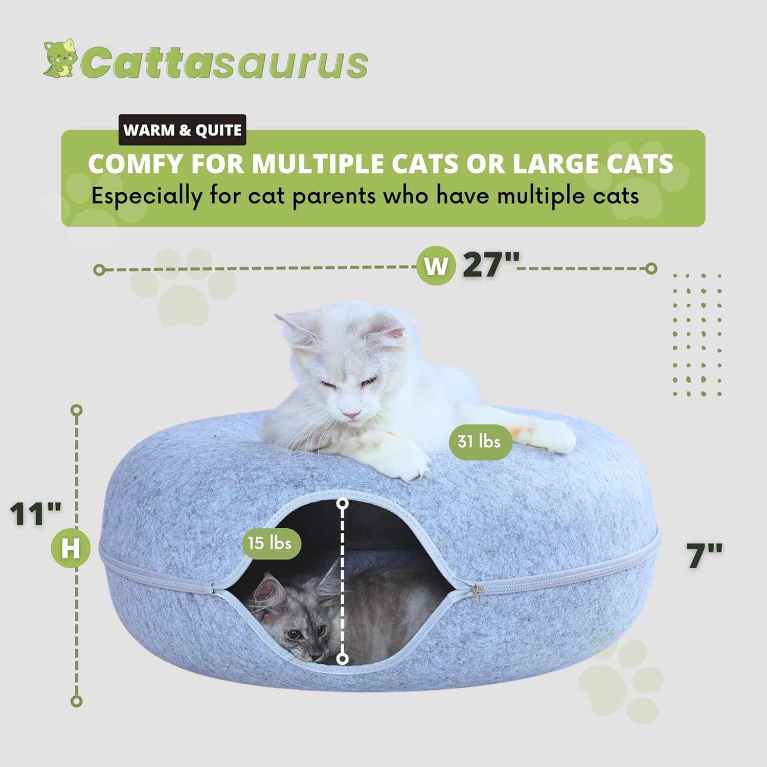 Cattasaurus Peekaboo Cat Cave, Extra Spacious for Multiple & Large Cats 12+ lbs, Scratch Detachable Beds for Indoor Cats, Washable Tunnel Bed, Comfy Cat Donut Tunnel (Light Gray+Light Gray, Jumbo) - Pet Explorer