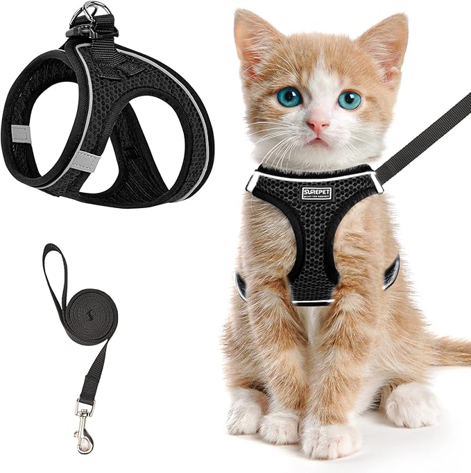 Cat Harness and Leash for Walking Escape Proof, Adjustable Kitten Vest Harness Reflective Soft Mesh Puppy Harness for Outdoor, Comfort Fit, Easy to Control (Black, XS)