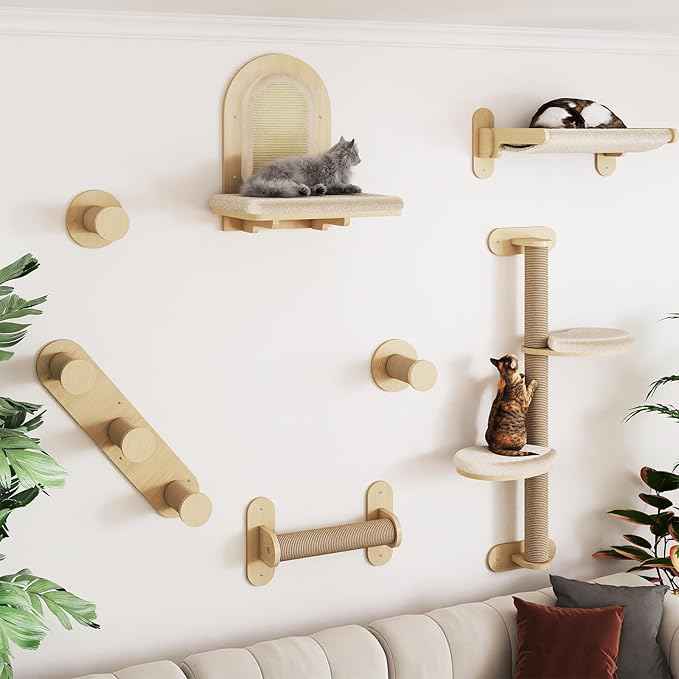 BYBYME 7 Pcs Wall-Mounted Cat Shelves, Multi-Level Sturdy Climbing Frame with Scratching Posts, Kitten Platform & Cat Bed for Playing & Resting, Solid Wood Indoor Cat Room Tree（Natural Wood）