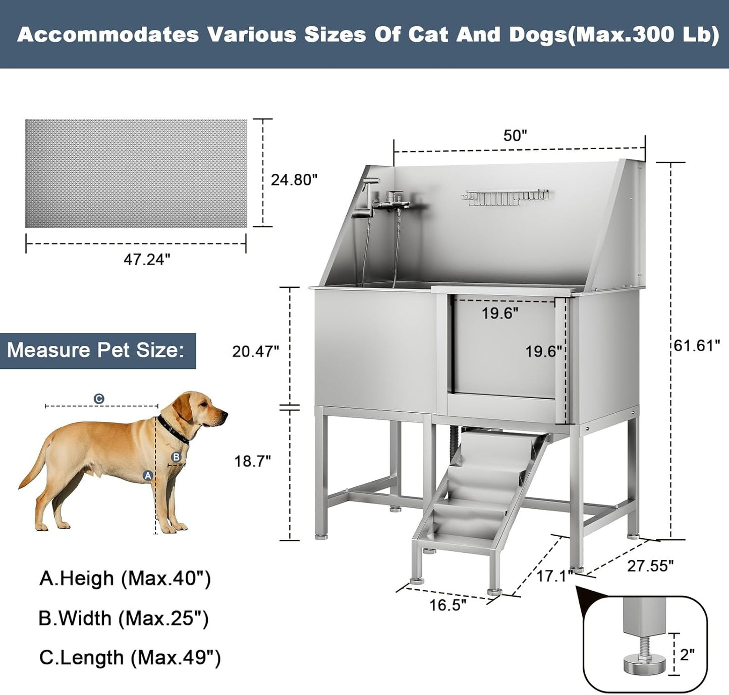 CuisinSmart 50" Dog Bathtub for Large Dogs, Professional Dog Washing Station with Dog Wash Attachment, Bath Pool for Outdoor, Indoor Shower and Grooming (50" Right Door) - Pet Explorer
