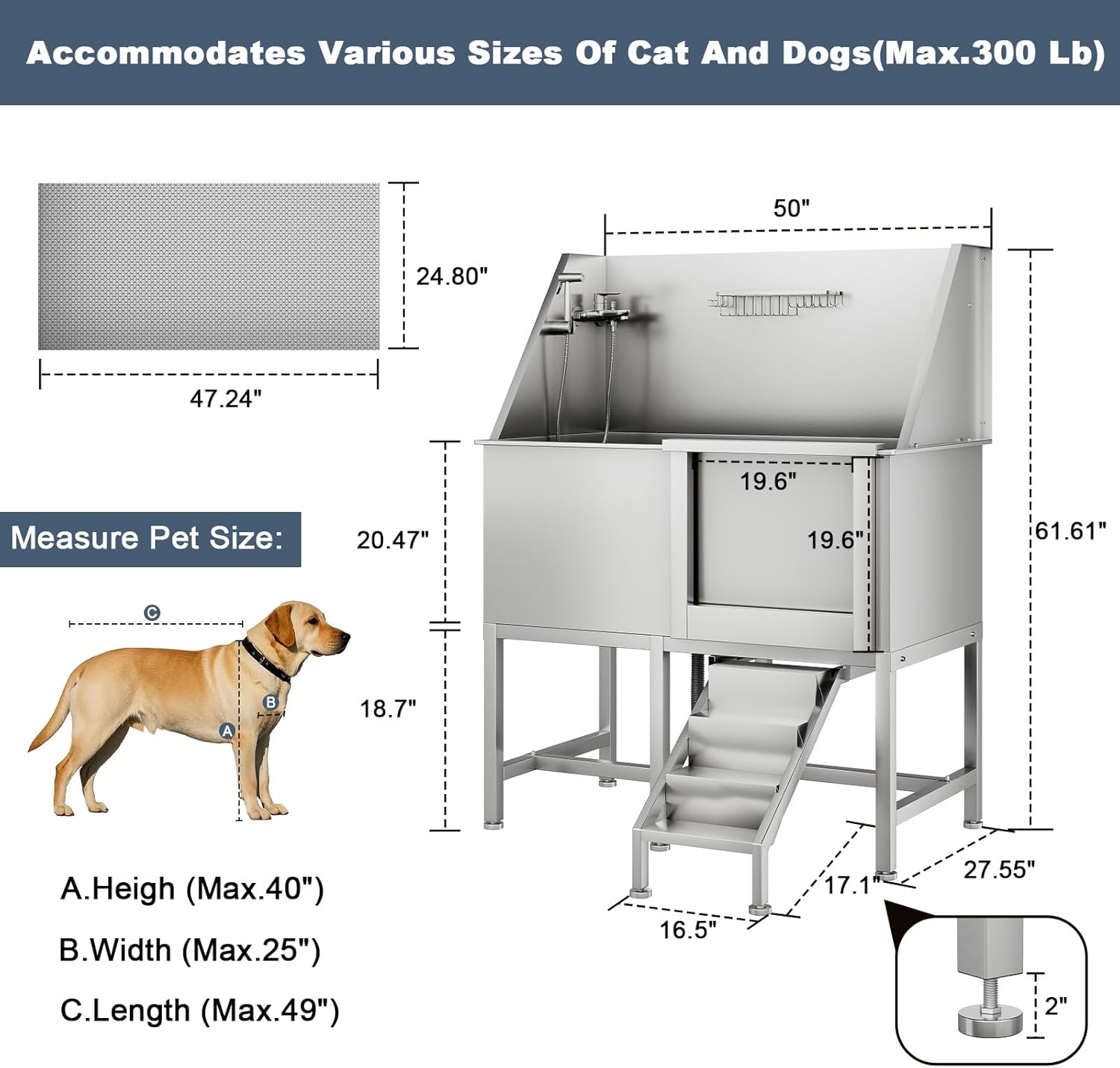 CuisinSmart 50" Dog Bathtub for Large Dogs, Professional Dog Washing Station with Dog Wash Attachment, Bath Pool for Outdoor, Indoor Shower and Grooming (50" Right Door) - Pet Explorer