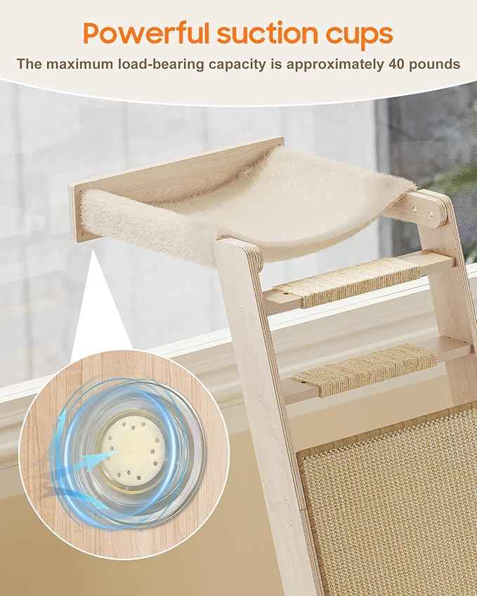 51'' Cat Window Perch with Sisal Pad, Extra-Wide Cat Scratcher with Suction Cups for Glass, Sisal Ball Hammock Ladder for Sleeping, Playing and Watching Bird