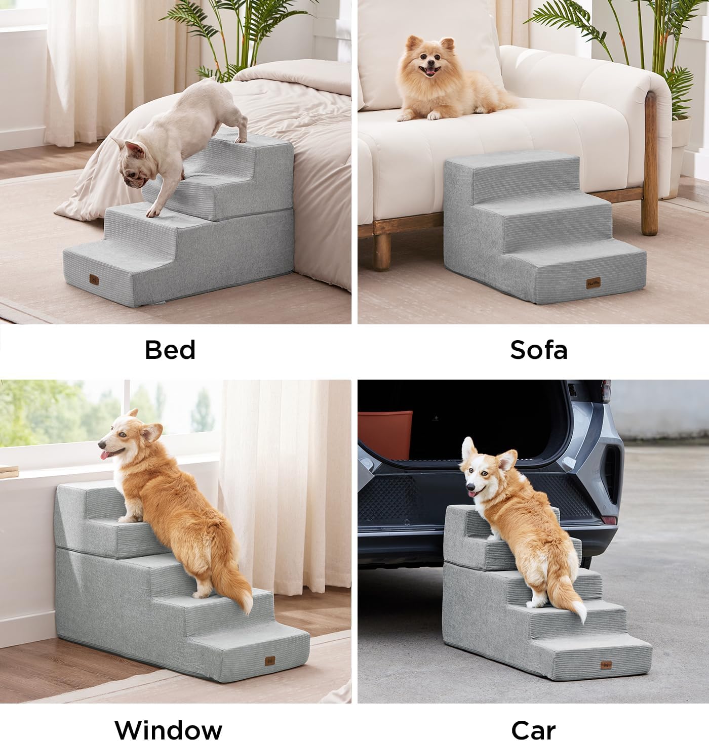 Made4Pets Dog Steps for Bed, Extra Wide Dog Stairs for High Bed Couch Sofa, 35D Foam Pet Steps for Small Dogs and Cats, Non-Slip Bottom Pet Stairs, Light Grey, 4 Steps - Pet Explorer