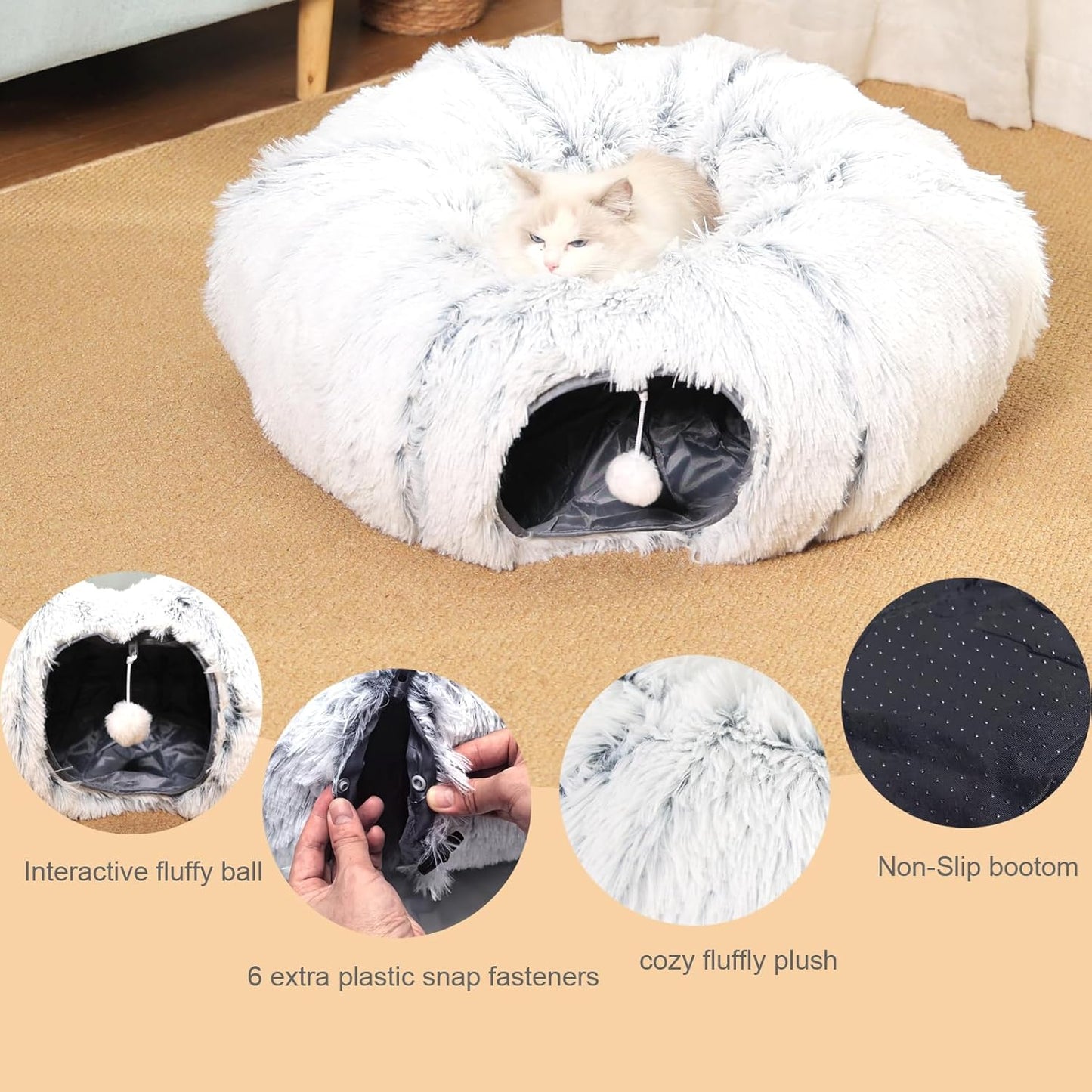 Cat Tunnel with Cat Bed for Indoor Cats, Soft Plush Peekaboo Cat Cave Donut Tunnel, Multifunctional Playground Toys Hideplace for Small Medium Large Kittens, Rabbit, Ferret - Pet Explorer