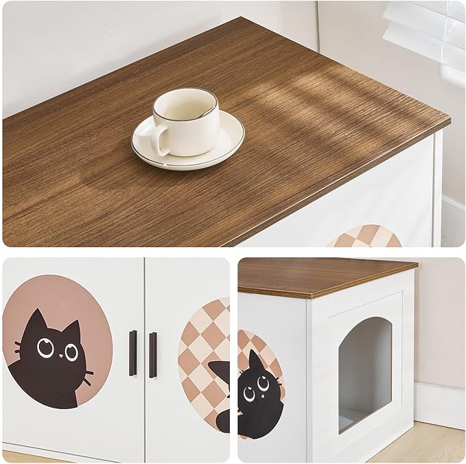 HOOBRO Hidden Litter Box Furniture, Large Cat Litter Box Enclosure Furniture, Wooden Litter Box Cabinet with Cute Cat Patterns & Arched Entrance, 31.3" L x 17.7" W x 17.3" H, White & Walnut