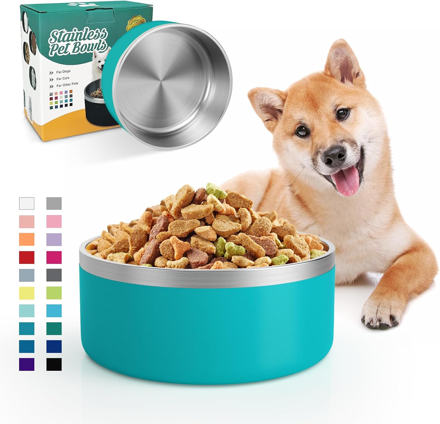 IKITCHEN Dog Bowl for Food and Water, 64 Oz Stainless Steel Pet Feeding Bowl, Durable Non-Skid Double Wall Insulated Heavy Duty with Rubber Bottom for Medium Large Dogs (64 Ounces/8 Cup, Lakeblue) - Pet Explorer