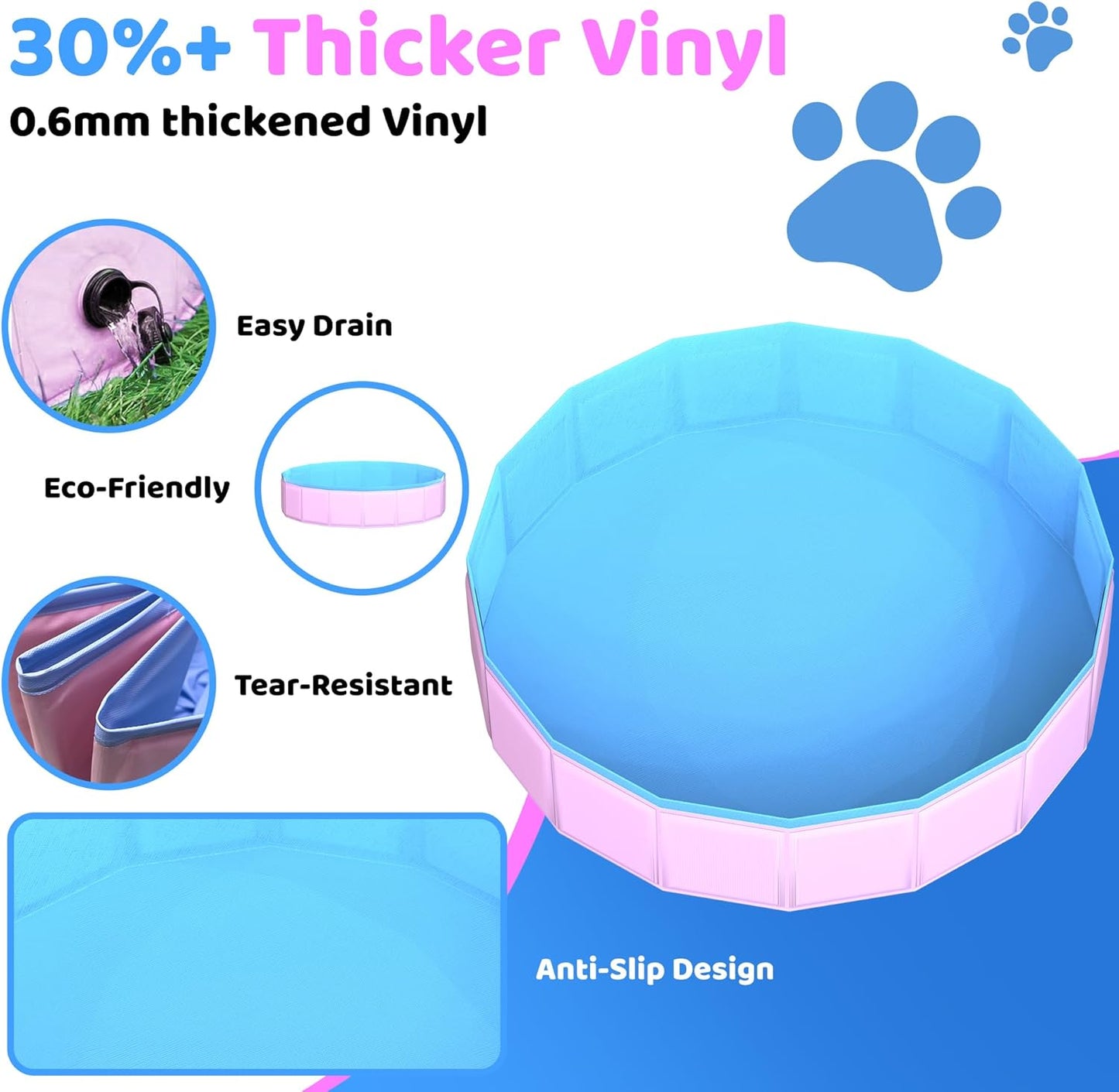 2025 Updated Foldable Dog Pool, 55" x 12" Kiddie Pool with Hard Plastic, Non-Slip Dog Bath Tub for Outdoor Backyard, Collapsible Dog Swimming Pool for Kids Dogs Pets (Pink) - Pet Explorer