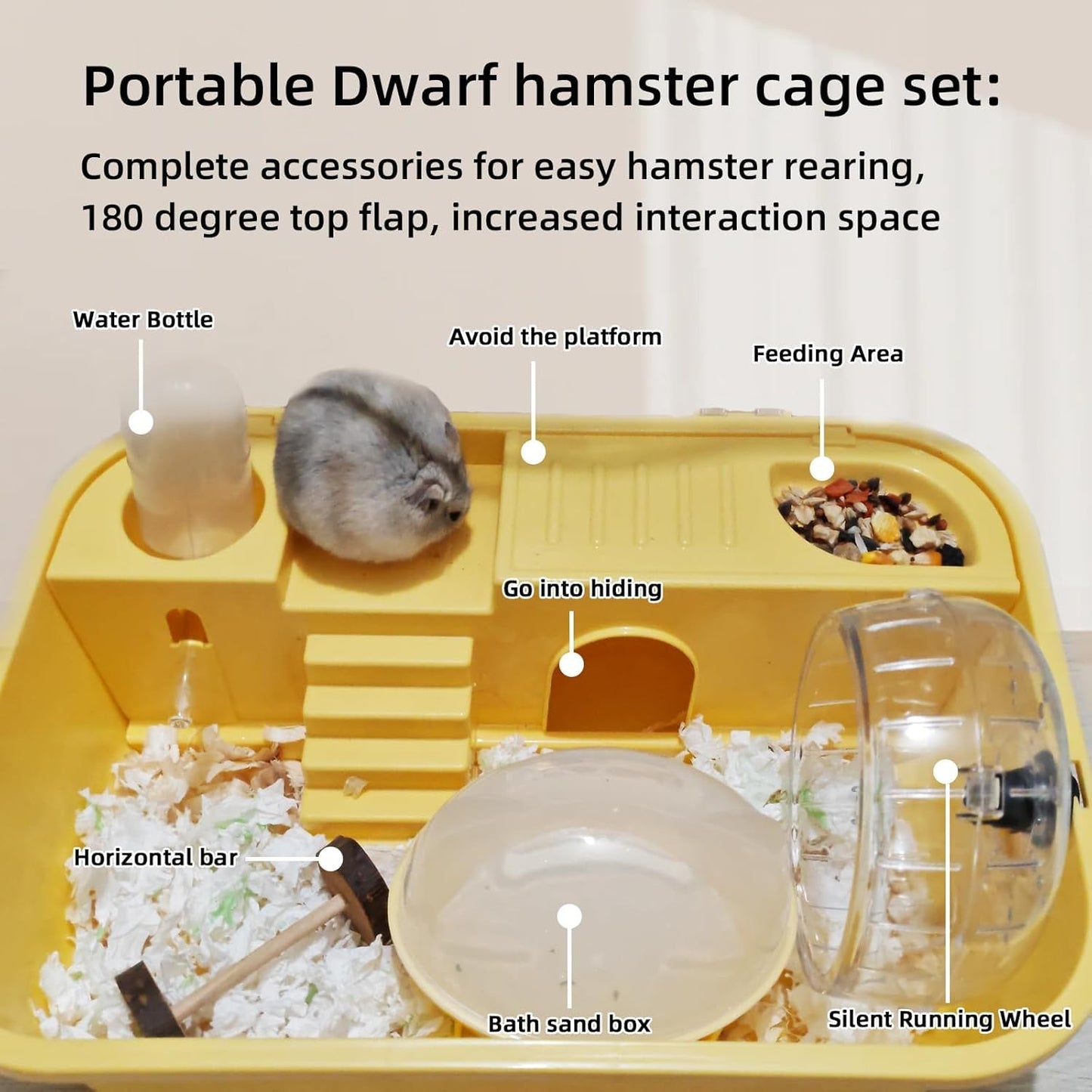 Hamiledyi Small Hamster Cage Clear Plastic Hamster Cage Portable Carrier with Water Bottle Exercise Wheel Bathtub Box Set Toy for Dwarf Baby Hamster (Yellow) - Pet Explorer