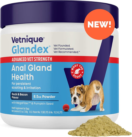 Glandex Dog Fiber Supplement Powder for Anal Glands with Pumpkin, Digestive Enzymes & Probiotics - (Regular or Advanced Strength) - Boot The Scoot (8.5 oz, Advanced Strength Duck & Bacon) - Pet Explorer