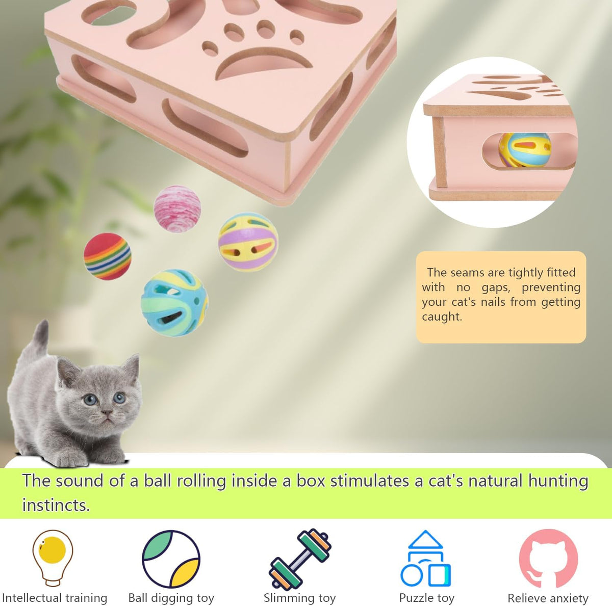 Interactive Wooden Cat Puzzle Toy Box Indoor Hunting Play Toy to Stimulate Your Cat’s Energy and Instincts (Pink)