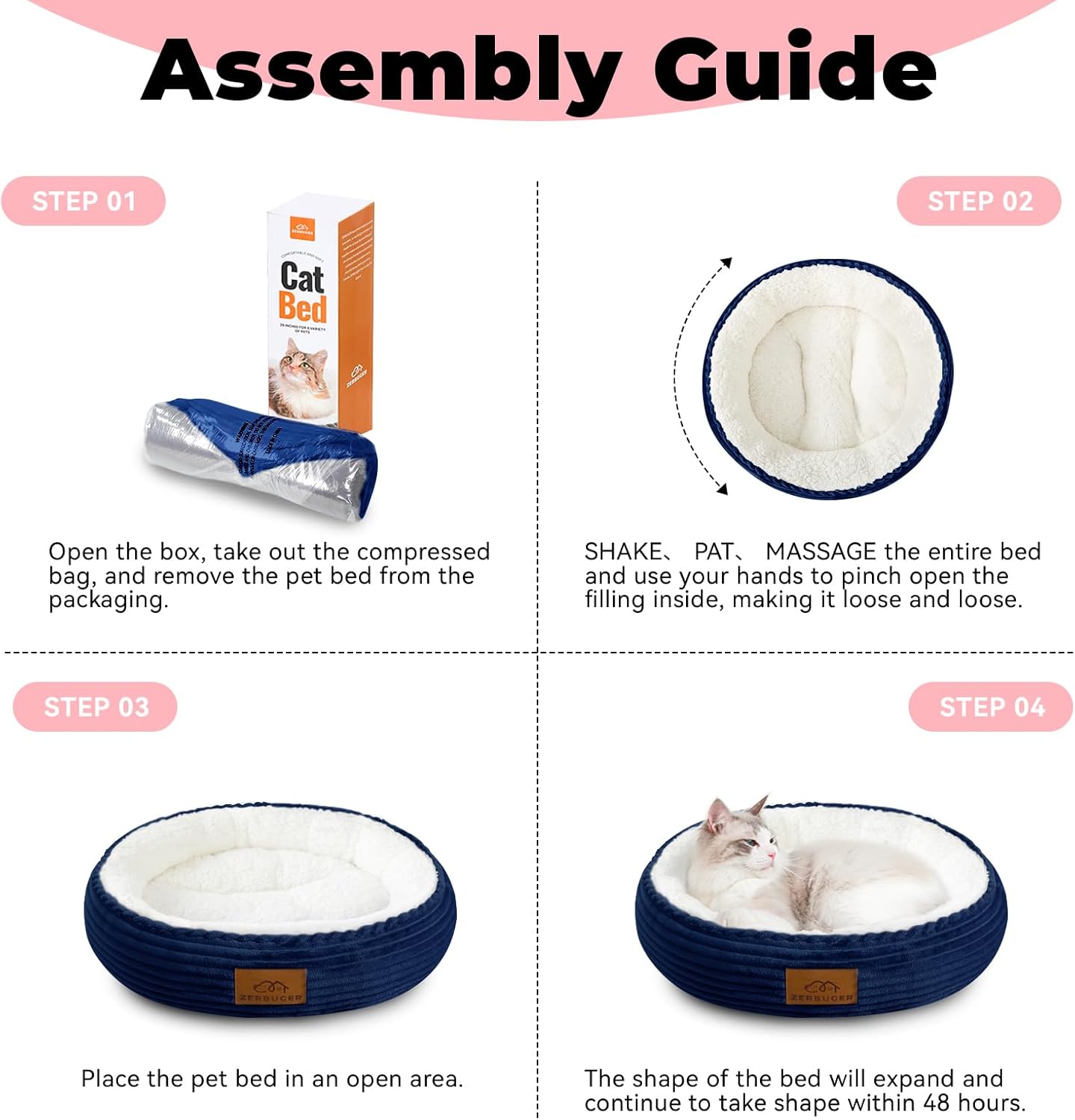 20in Washable Cat Beds for Indoor Cats - Round Donut Pet Bed for Cats, Small Dogs, Puppy, Kitten - Anti-Slip Bottom, Calming Bed Gift - Navy Blue - Pet Explorer
