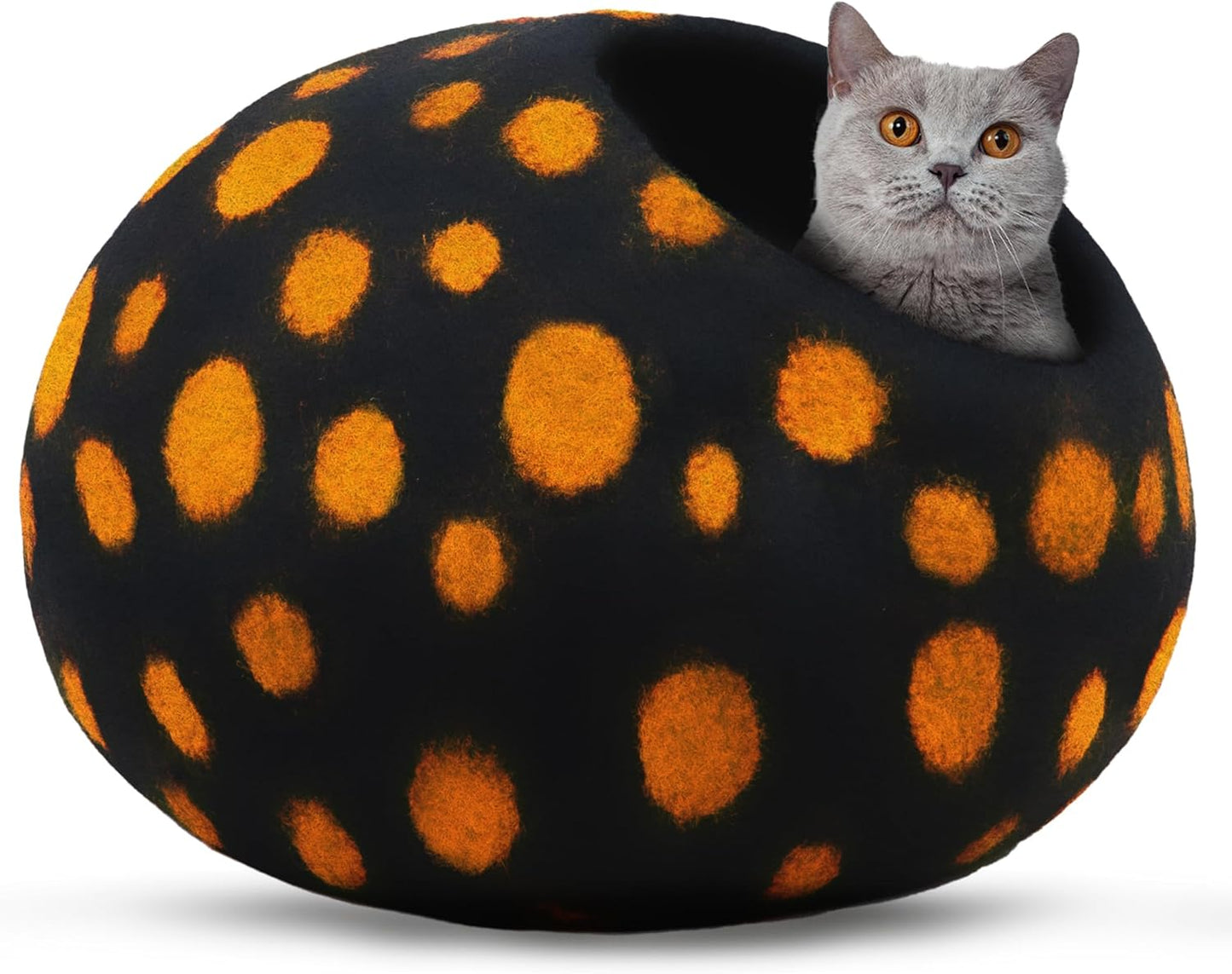 Woolygon Premium Felt Cat Cave Bed - Polka Dot Series - Wool Kitty Beds Handcrafted Kitten Caves Bed for Indoor Cats - Eco-Friendly Merino Wool, Foldable Cat Hideaway Cat Houses (Yellow/Black Dots) - Pet Explorer