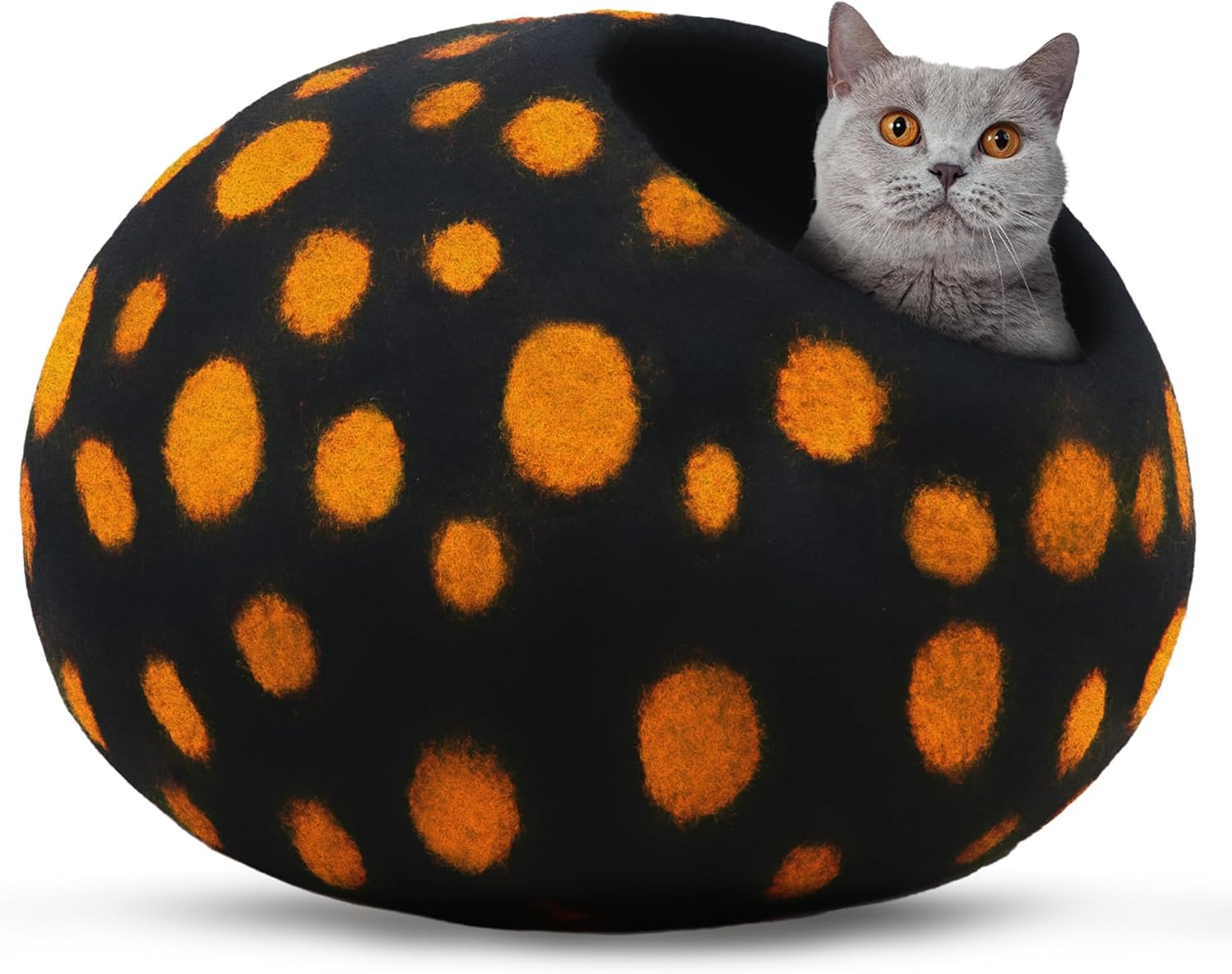 Woolygon Premium Felt Cat Cave Bed - Polka Dot Series - Wool Kitty Beds Handcrafted Kitten Caves Bed for Indoor Cats - Eco-Friendly Merino Wool, Foldable Cat Hideaway Cat Houses (Yellow/Black Dots) - Pet Explorer