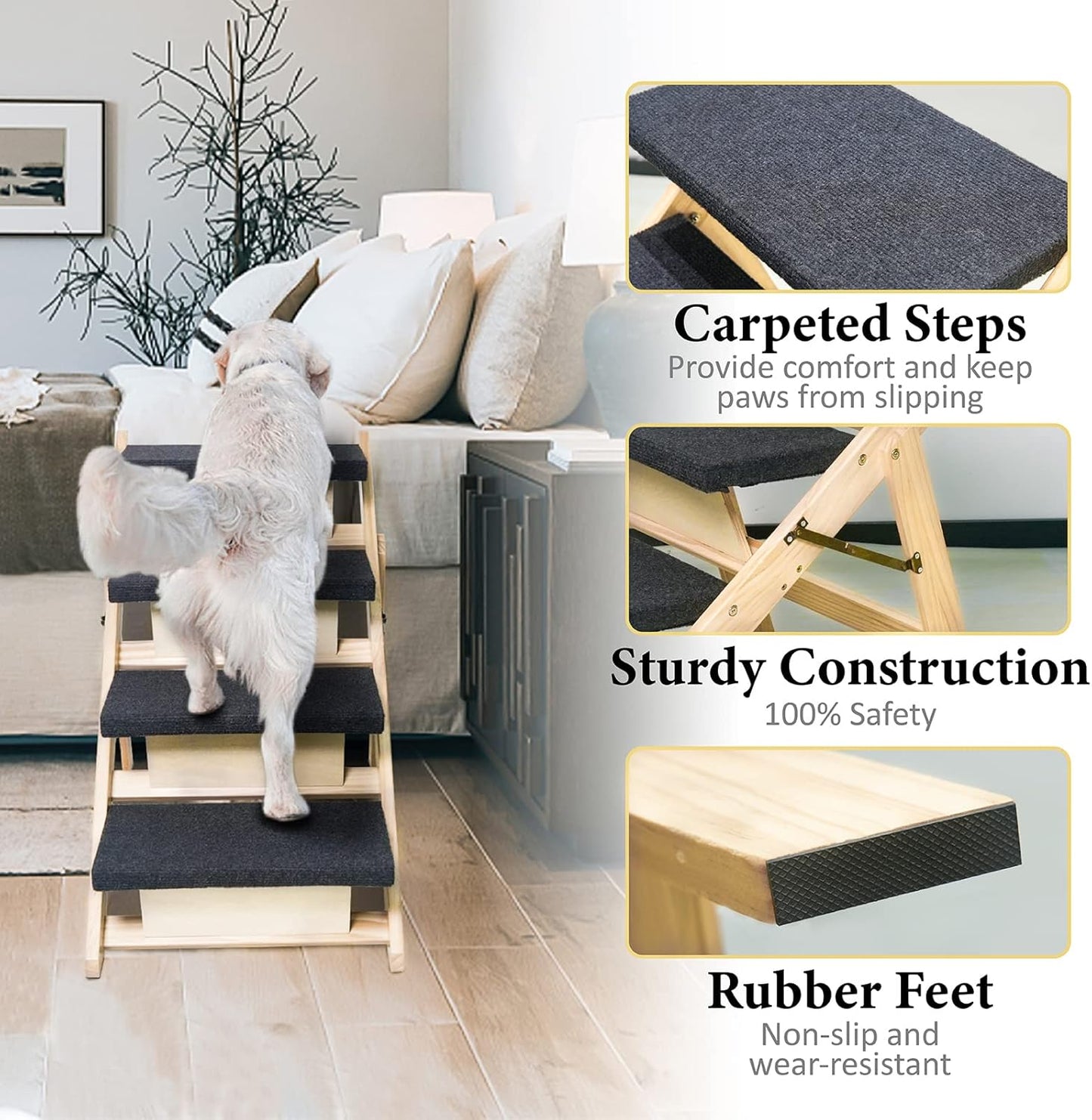 BRIKY 2-in-1 Dog Stairs/Ramp with 4 Steps, Foldable Dog Stairs for High Beds Cars Couch, Durable Wooden Pet Stairs for Small Medium Large Dogs, No Assembly Required - Pet Explorer
