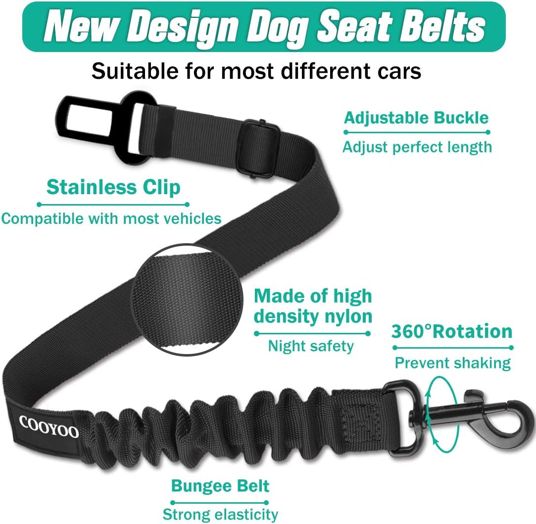 COOYOO Dog Seat Belt, Durability Retractable Dog Car Harness Adjustable Dog Seat Belt for Vehicle Nylon Pet Safety Seat Belts Heavy Duty & Elastic (1 Pack Black) - Pet Explorer