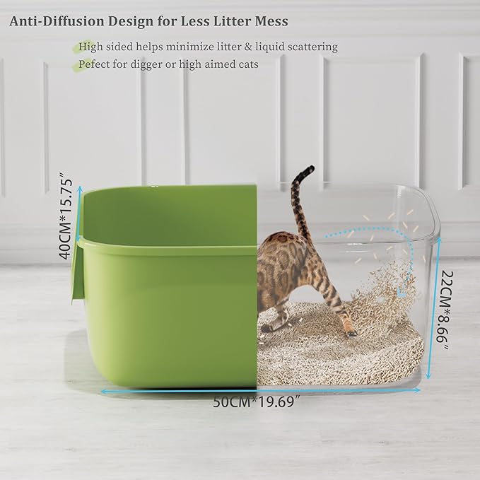 Vealind Large Cat Litter Box High Sided Entry Cat Litter Pan 50 x 40 x 22 CM, Anti-Splashing Deep Tall Cat Boxes for Indoor Cats Basics Kitty Litter Box (Green)