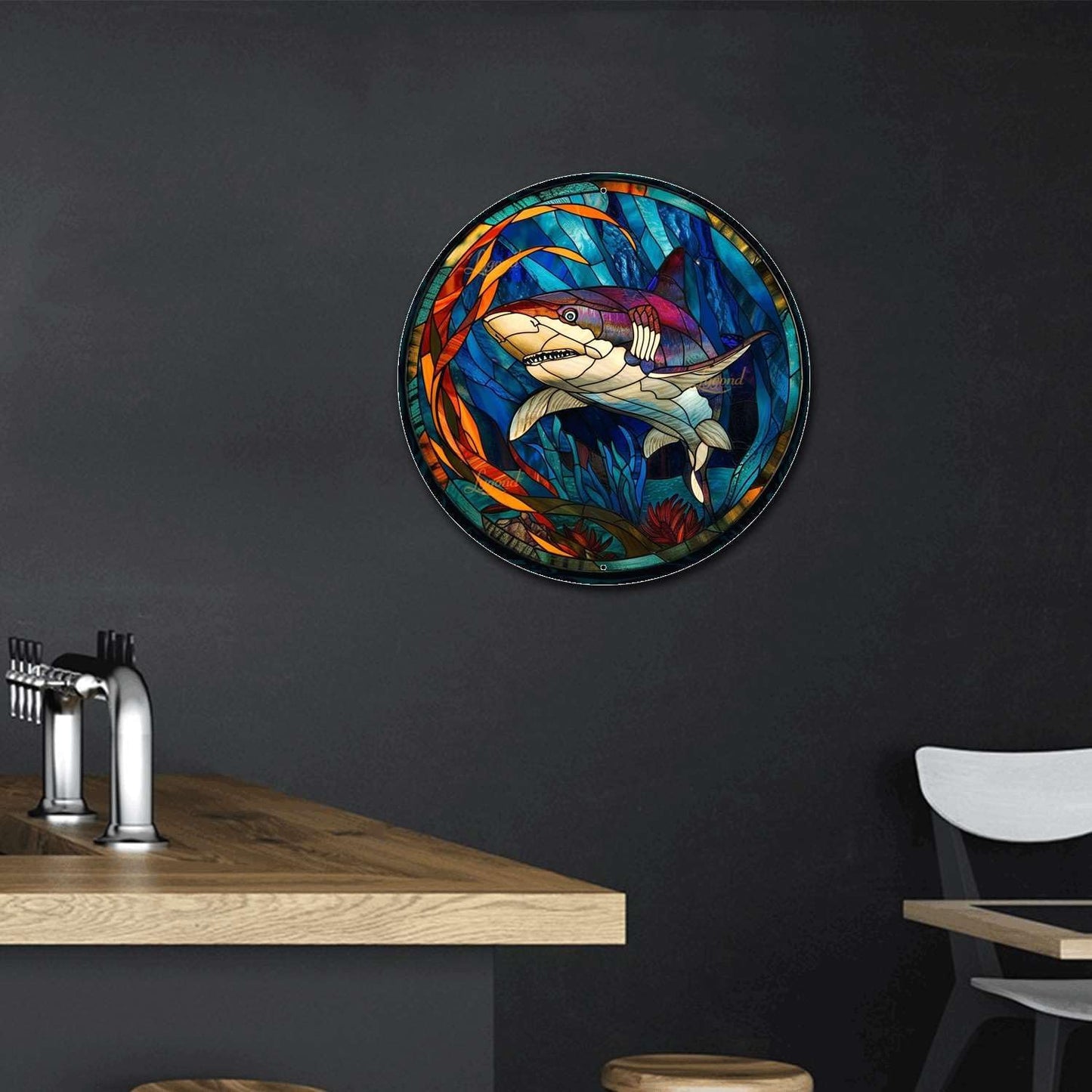 Lygond Metal Shark Tin Sign - Stained Glass Style, 8x8 Inches