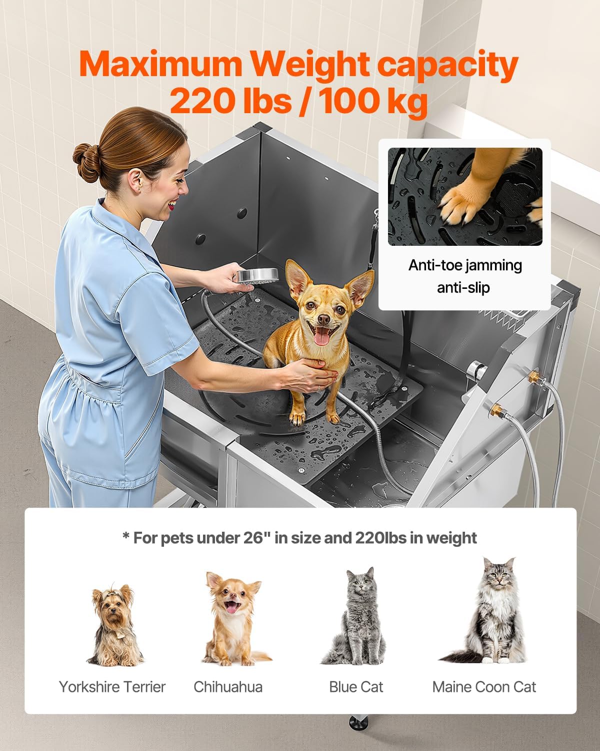 VEVOR Stainless Steel Dog Washing Station, 38 inch Pet Grooming Tub w/Storage Stairs, Faucet & Showerhead & Soap Holder Dog Bathtub for Medium & Small Pets (Left Door) - Pet Explorer