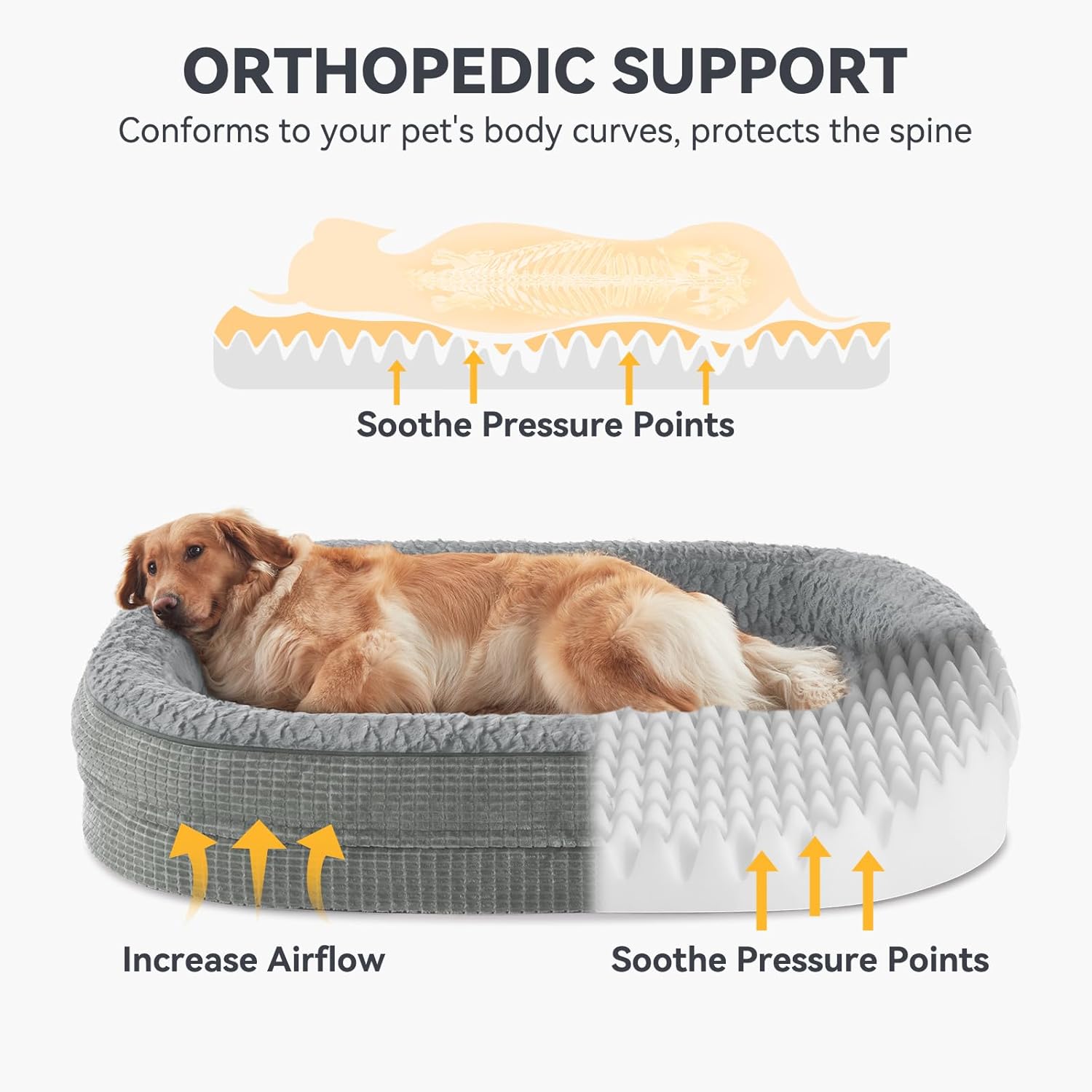 JOEJOY Orthopedic Dog Bed for Extra Large Dogs, Egg-Crate Memory Foam Pet Bed with Bolster Sides, Waterproof Lining, Removable Washable Cover & Non-Slip Bottom, Light Grey - Pet Explorer