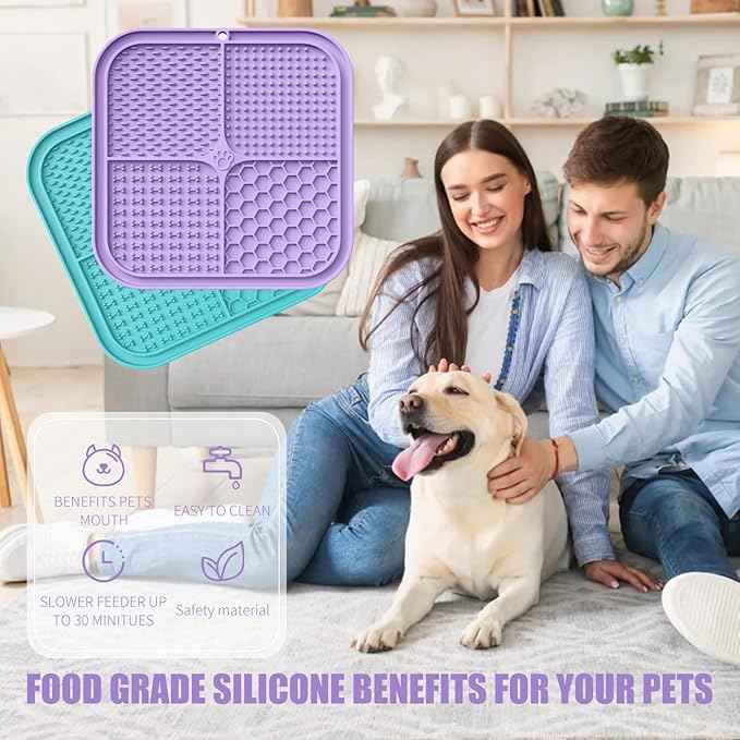 Lick Mat for Dogs, Premium Lick Pad with Suction Cups for Dog Anxiety Relief, Slow Feeder Dog Bowls, Bathing, Grooming and Training (Cyan, Purple, 2pack)