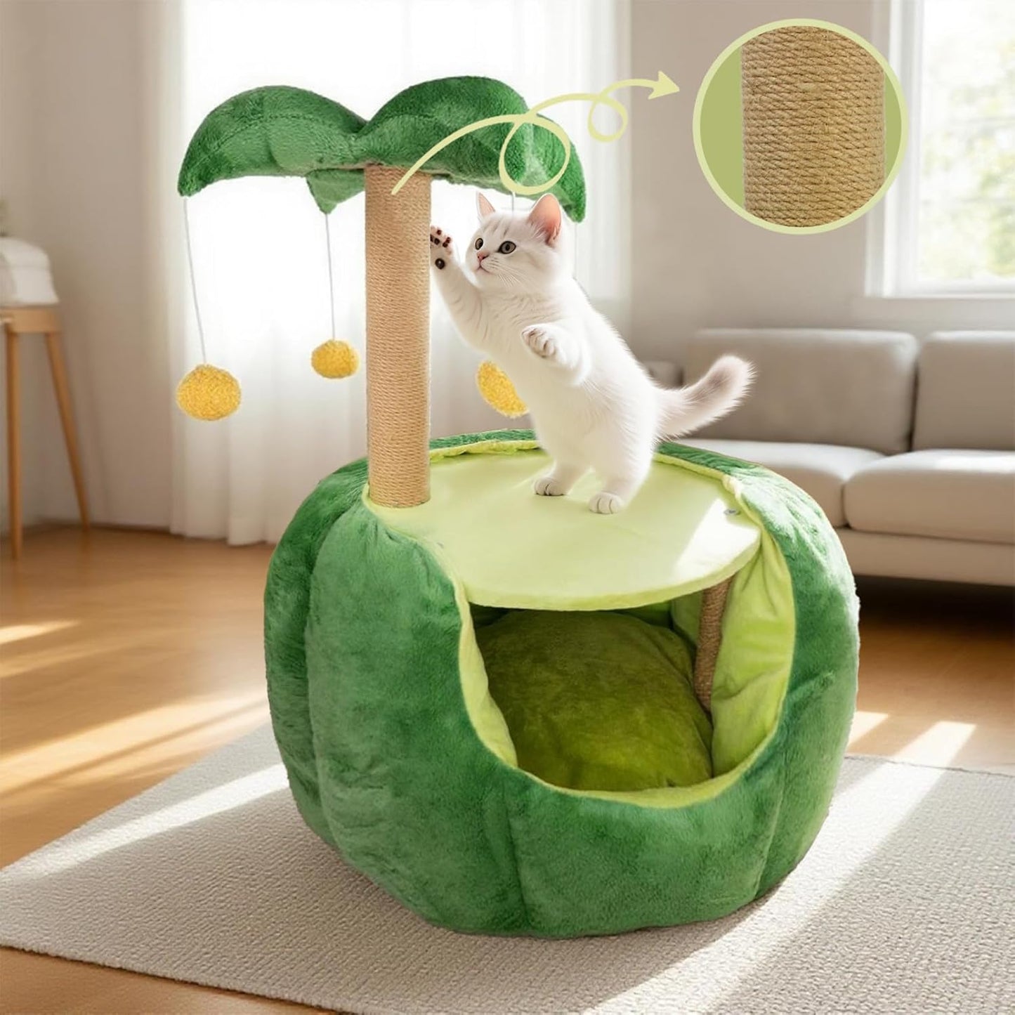 Cat Houses for Indoor Cats, Small Cat Tree with Sisal Ropes and Plush Perch, Cute Cat Bed Cave with Soft Pillow, Coconut Palm Design - Pet Explorer
