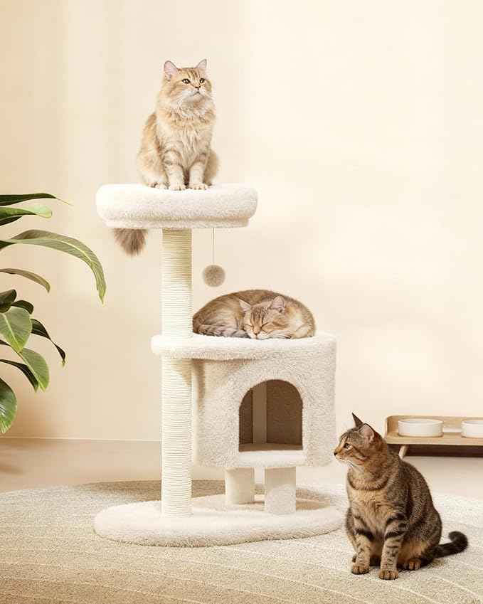 Cat Tree, 34.3 Inches Cat Tower with Scratching Post, Condo, Interactive Hanging Ball, Plush Perch for Indoor Large Cats, Beige