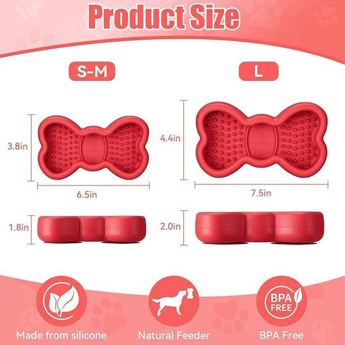 Lick Mat for Dogs, Animire Anti-Spilled Bow Tie Lick Bowls for Anxiety Relief, Silicone Slow Feeder Licking Pad with Suction Cups, Freezeable Dog Enrichment Toy for Boredom and Distraction(Red,L)