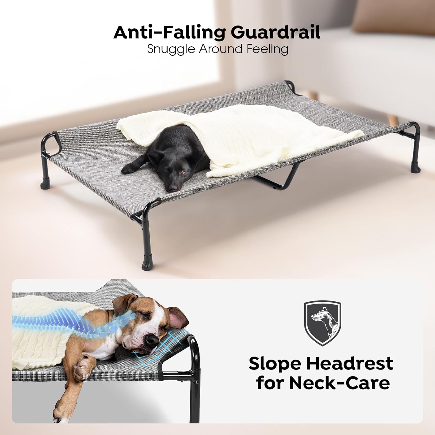Veehoo Cooling Elevated Dog Bed - Raised for Large Dogs, Outdoor With Guardrail, Upgraded Non-Slip Feet, Breathable Teslin Mesh, Portable Camping Cot, 53 x 33 Inches, Black Silver - Pet Explorer
