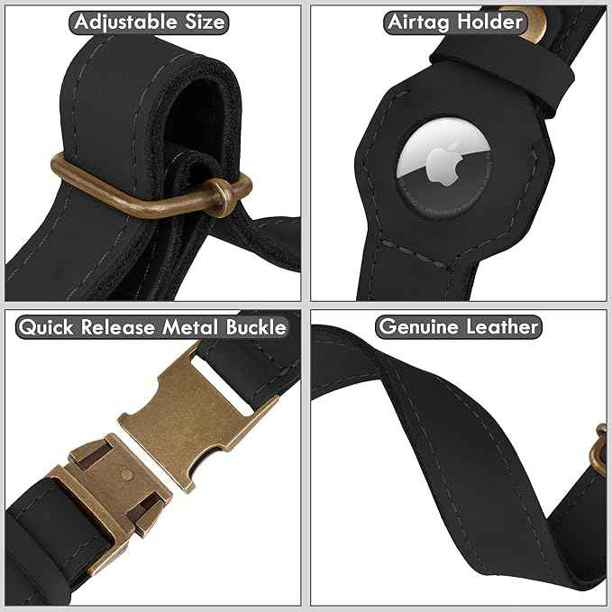 AirTag Dog Collar - Genuine Leather Dog Collar with Apple AirTag Holder and Metal Buckle - Smart GPS Tracking Pet Collars (Black, M, 14"-18" Neck Fit)