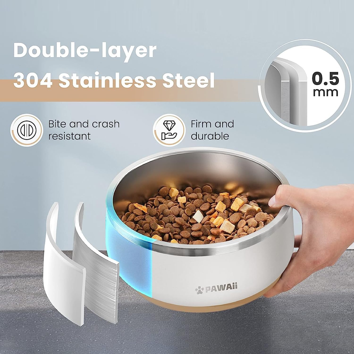 Pawaii Stainless Steel Dog Bowl with Non-Slip Rubber Base & Double Wall Insulation - Durable Design | Includes ID Tag | Dishwasher Safe Food & Water Bowl for All Dogs (68oz) - Pet Explorer