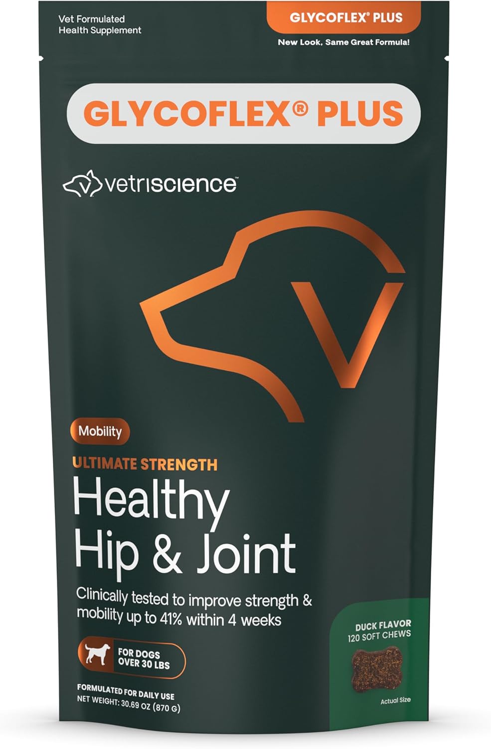 VetriScience Ultimate Strength Healthy Hip & Joint Chews, GlycoFlex Glucosamine, Chondroitin and Green-Lipped Mussel Joint Support Supplement for Dogs, Soothe Joint Discomfort, Duck, 120 Count - Pet Explorer